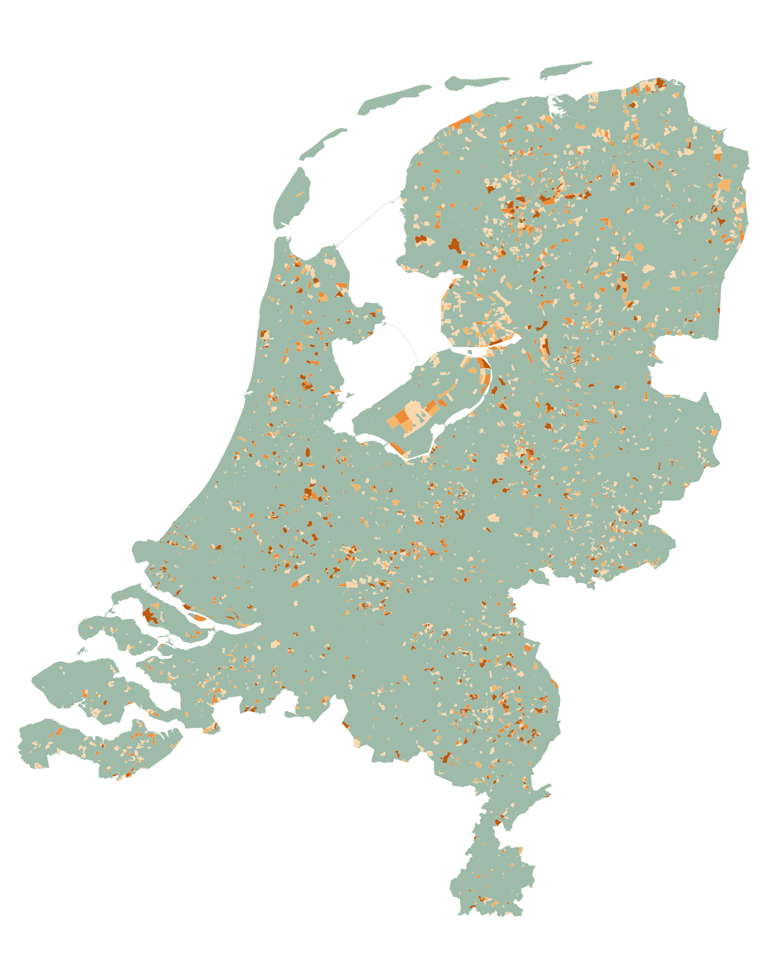 Overzicht van Nederland. Vier tinten oranje tonen het geschatte aantal inwoners van 24 jaar en ouder per postcode met ontbrekende AED-dekking: donkerder betekent meer inwoners. Overige postcodegebieden zijn groen.